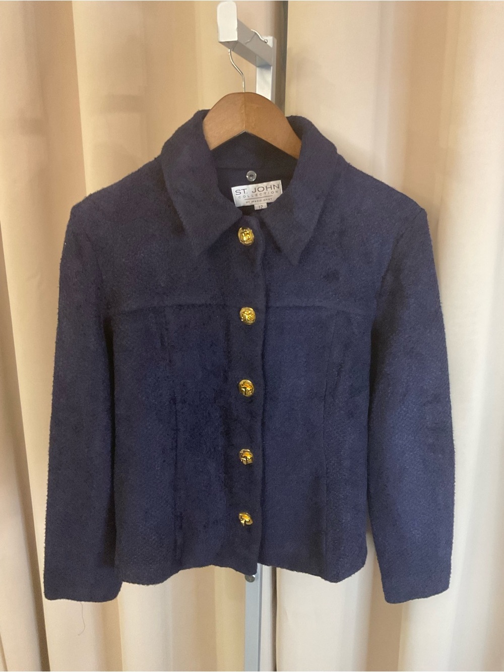 St. John Navy Textured Knit Jacket with Gold Buttons